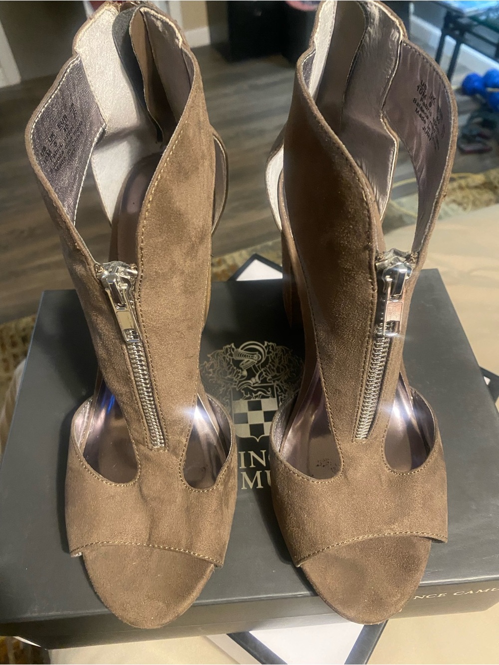 Carlos Santana Brown Suede Front Zip Open-Toe Heels
